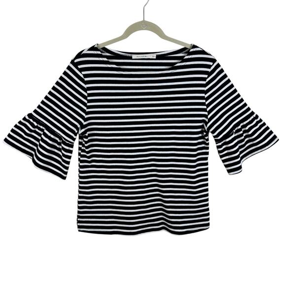 Ellison 100% Cotton Black White Striped Half Ruffled Bell Sleeve Knit Blouse M - Picture 1 of 7
